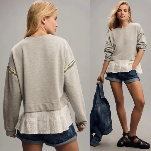Maeve Gray Stripe Tape Twofer Oversized Sweatshirt Blouse Womens Size Small - Picture 1 of 6